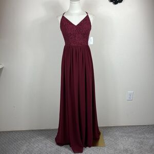 City Triangles Dress Womens 6 Burgundy Lace Chiffon Maxi Gown Prom Formal